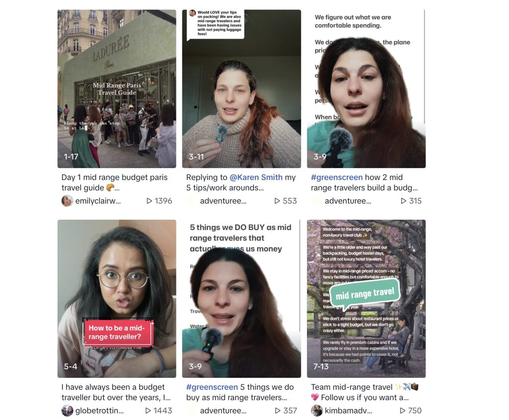 A screenshot of Tiktok Creators Who Talk about Mid-Range Travel